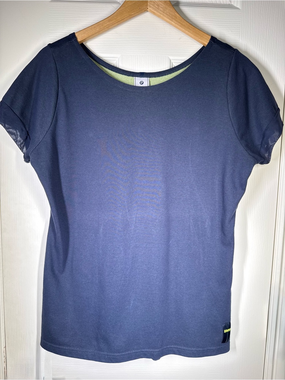 BMW Navy Short-Sleeve Women's Performance Tee with Lime Trim Sz L